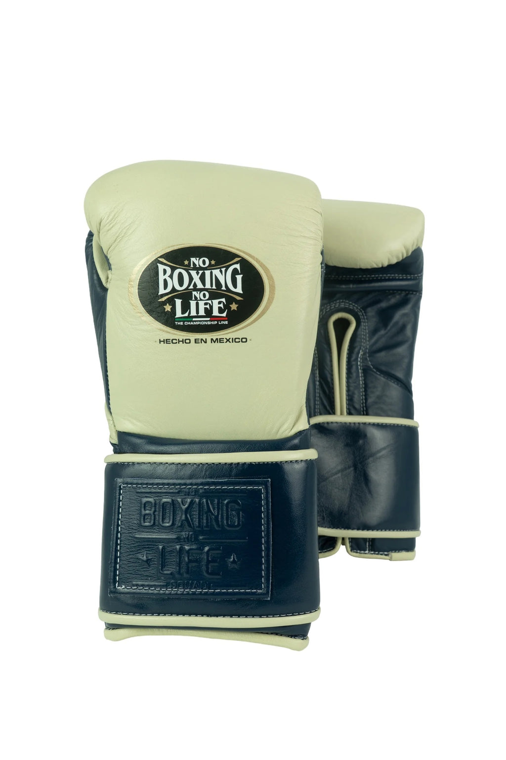 Custom Hand Made Velcro Strap No Boxing No Life Training Gloves - Cream/ Navy Blue