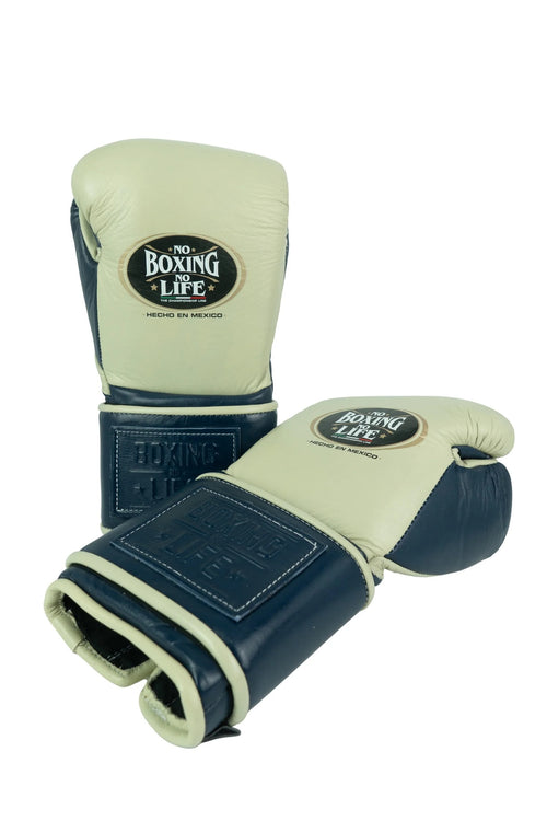 Custom Hand Made Velcro Strap No Boxing No Life Training Gloves - Cream/ Navy Blue